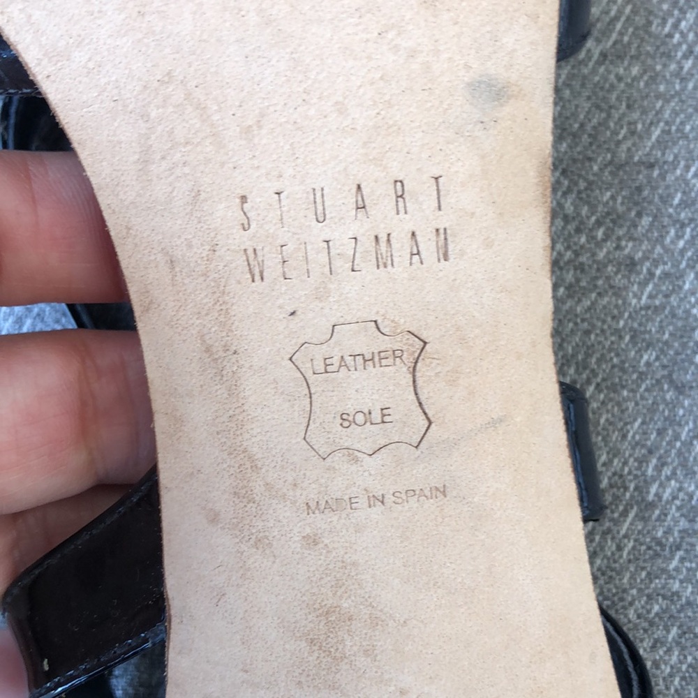 STUART WEITZMAN - Operetta Black Patent  Leather Heeled Sandals - Picture 12 of 12